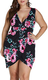 Floral Black Womens Plus Size Long Sleeves & Sleeveless Deep V Neck Bodycon Wrap Dress With Front Slit - Laolasi