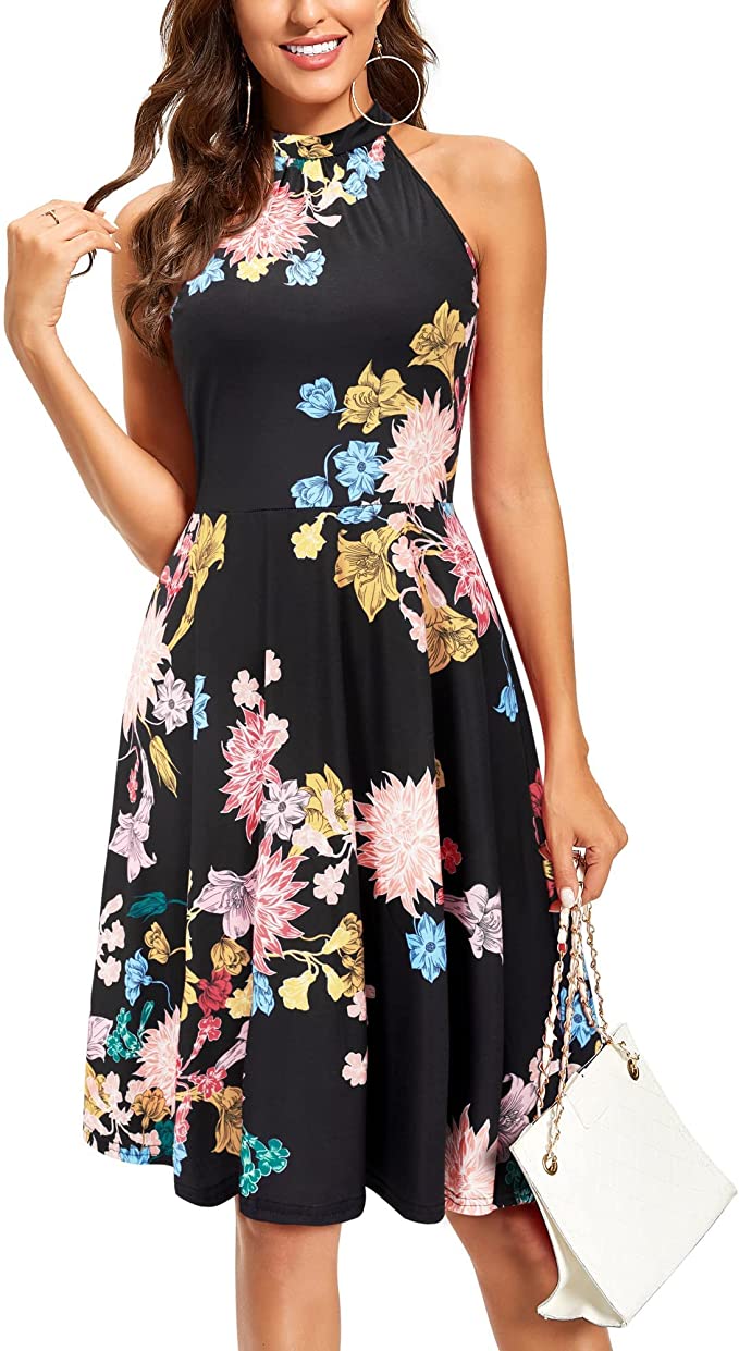 Black Floral-10 Women's Halter Neck Floral Summer Casual Sundress - OUGES | Women's Casual Dresses