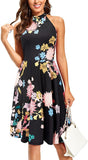 Black Floral-10 Women's Halter Neck Floral Summer Casual Sundress - OUGES | Women's Casual Dresses