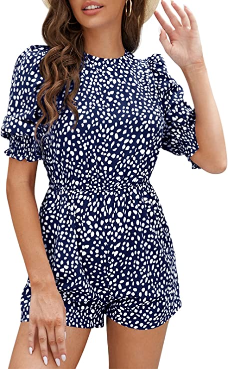 Navy Women's Crew Neck Beach Rompers Half Sleeve Elastic Wasit Dots Keyhole Summer Jumpsuit - DOBULO | Women's Romper & Jumper Suit
