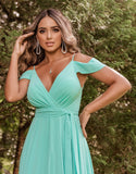 Sky Blue Women's Off Shoulder Bridesmaid Dresses Long Chiffon Formal Dress with Slit - Clothfun