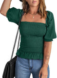 Dark Green Half Sleeve Blouses for Women Puff Square Neck Tops Off The Shoulder Floral - EVALESS | Women's Tops and Blouses