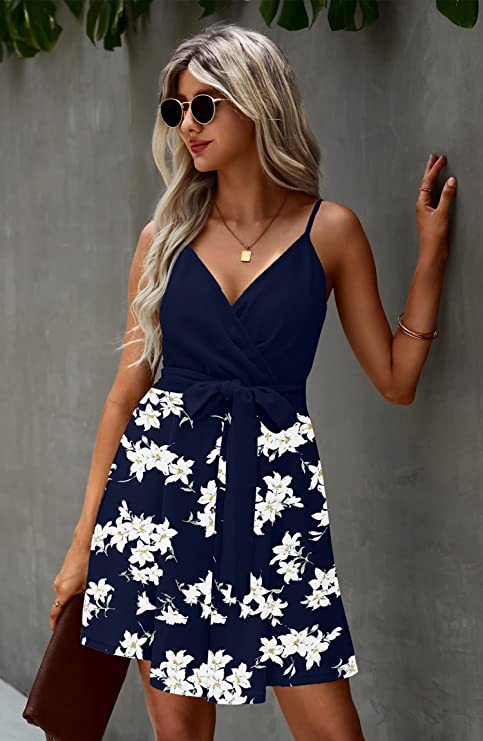 Blue White Women's Sexy V Neck Printed Spaghetti Strap Beach Romper Shorts Jumpsuit - Angashion | Women's Cocktail Dresses