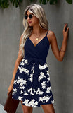 Blue White Women's Sexy V Neck Printed Spaghetti Strap Beach Romper Shorts Jumpsuit - Angashion | Women's Cocktail Dresses