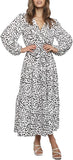 White Boho Print Maxi Dress Ruffle Long Sleeve Wrap V Neck Casual A Line Flowy Party Long Dress with Belt - Find | Women's Casual Dresses