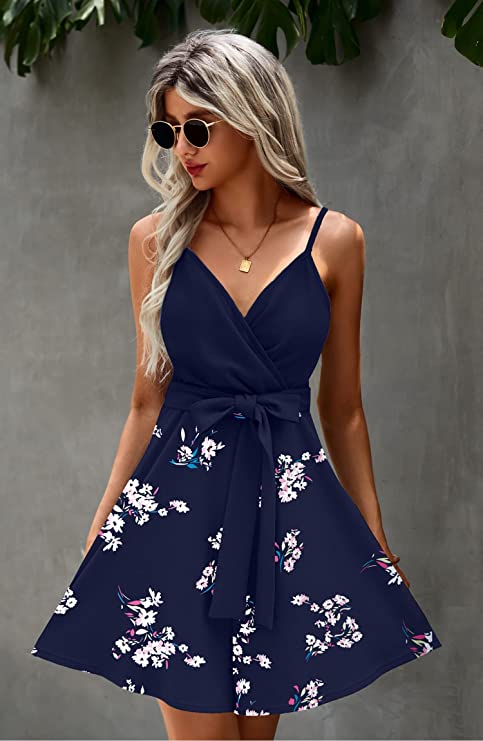 Navy Blue Women's Sexy V Neck Printed Spaghetti Strap Beach Romper Shorts Jumpsuit - Angashion | Women's Cocktail Dresses