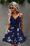 Navy Blue Women's Sexy V Neck Printed Spaghetti Strap Beach Romper Shorts Jumpsuit - Angashion | Women's Cocktail Dresses