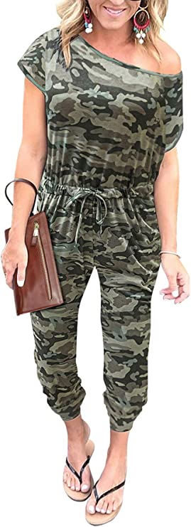 Camouflage Women's Loose Solid Off Shoulder Elastic Waist Stretchy Long Romper Jumpsuit - PRETTYGARDEN | Women's Romper & Jumper Suit