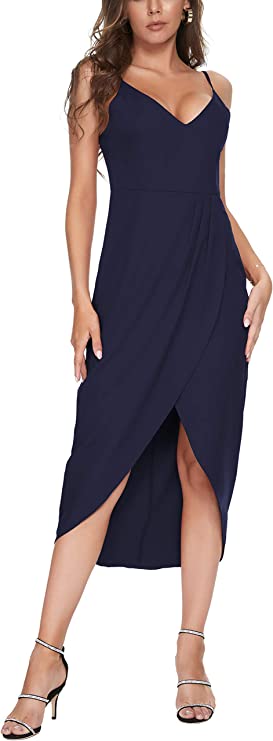 Navy Blue Women's Sexy V Neck Backless Maxi Dress Sleeveless Spaghetti Straps Cocktail Party Dresses - CMZ2023 | Women's Cocktail Dresses