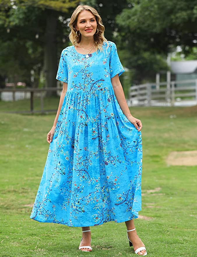 Blue Women Casual Loose Bohemian Floral Dress with Pockets Short Sleeve Long Maxi Summer Beach Swing Dress - Yesno | Women's Casual Dresses