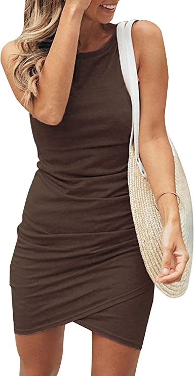 Coffee Women Casual Dress Crew Neck Ruched Summer Sleeveless Tank Bodycon Shirt Short Mini Dresses - BTFBM | Women's Club Dresses