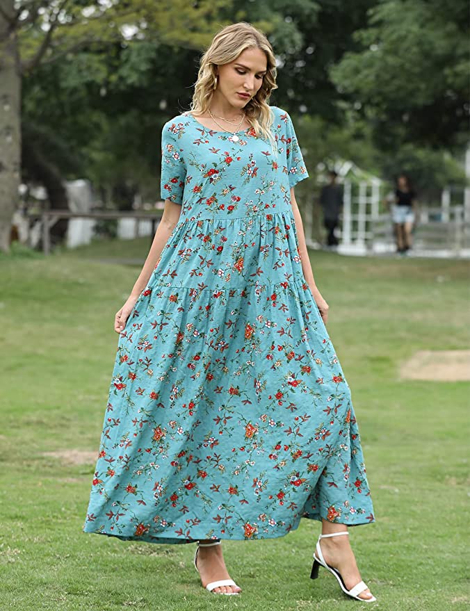 Light Green Women Casual Loose Bohemian Floral Dress with Pockets Short Sleeve Long Maxi Summer Beach Swing Dress - Yesno | Women's Casual Dresses