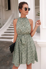 Floral Print Green Women Floral Dresses Casual Summer Sleeveless Halter Neck Ruffle Belt Boho Polka Dot Leopard Print Sun Short Dress - BTFBM | Women's Casual Dresses