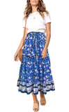 Blue Women's Bohemian Floral Printed Elastic Waist A Line Maxi Skirt with Pockets - ZESICA | Women's Casual Dresses