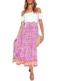 Pinkpurple Women's Bohemian Floral Printed Elastic Waist A Line Maxi Skirt with Pockets - ZESICA | Women's Casual Dresses
