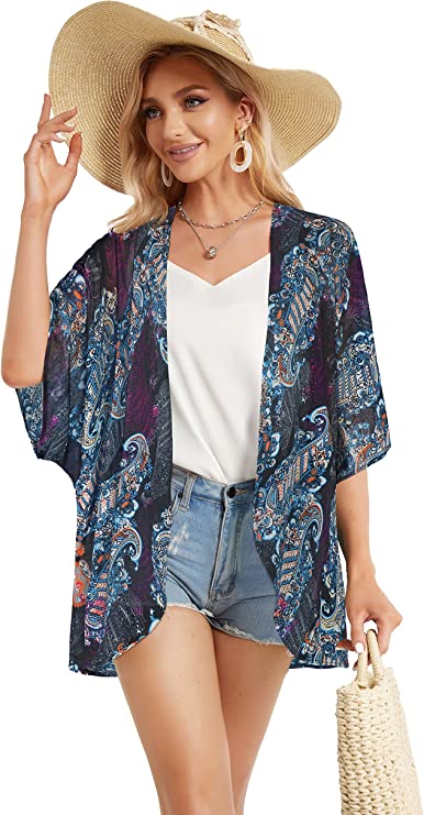 Beige Women's Floral Print Puff Sleeve Kimono Cardigan Loose Cover Up Casual Blouse Tops - Chicgal | Women's Cardigan