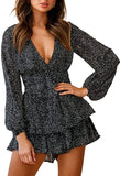 Black Dot Women's Jumpsuit Floral Print V Neck Baggy Sleeve Waist Tie Double Layer Ruffle Hem Short Mini Dress Romper - Relipop | Women's Casual Dresses