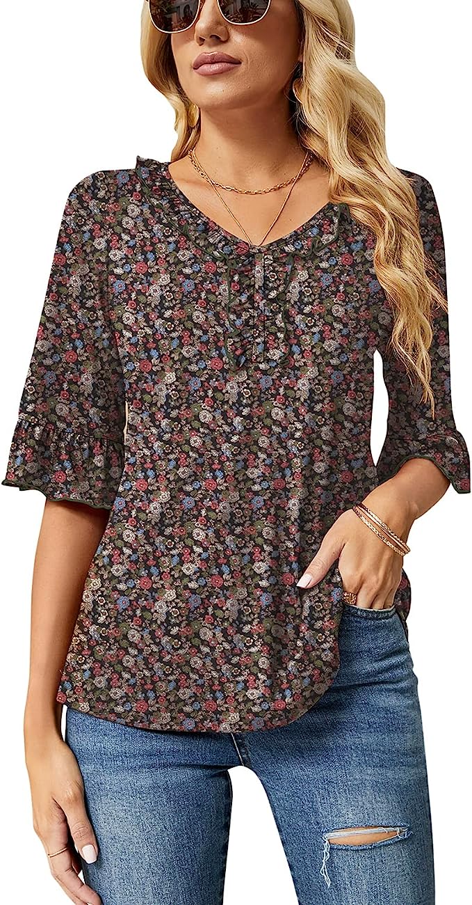 Army Green Floral Print Casual V Neck T Shirts Loose Summer Tops Ruffle - Ivicoer | Women's Tops and Blouses