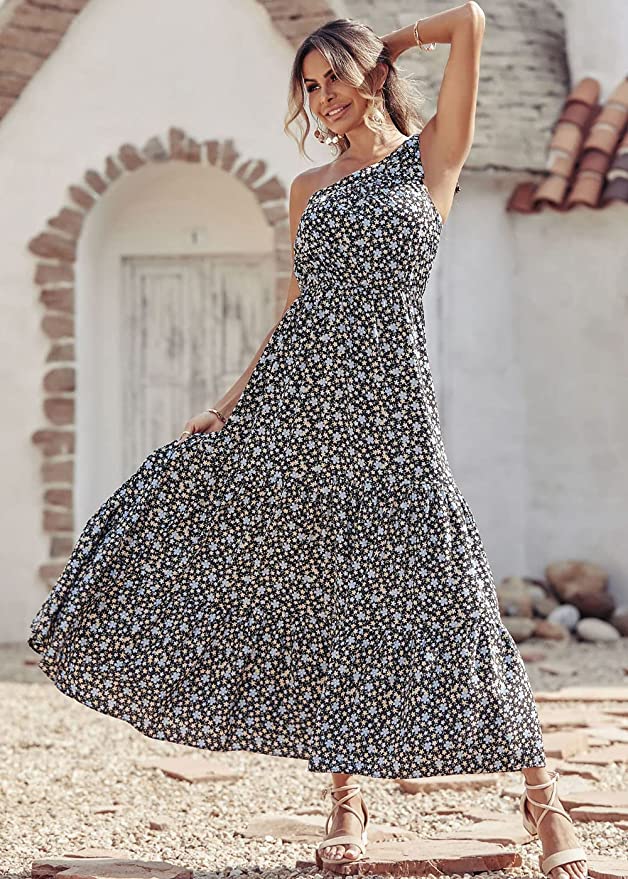 Black Blue Women's Summer Floral Maxi Dresses - Prettygarden | Women's Formal Dresses