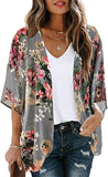 Dark Grey Women's Floral Print Puff Sleeve Kimono Cardigan Loose Cover Up Casual Blouse Tops - Chicgal | Women's Cardigan