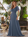 Sapphire Blue Ladies Double V-Neck Short Flutter Sleeves Empire Waist Elegant Chiffon Long Evening Dresses - Ever-Pretty