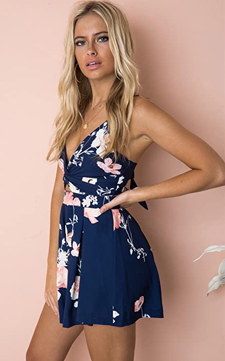 Blue Women's Sexy V Neck Printed Spaghetti Strap Beach Romper Shorts Jumpsuit - Angashion | Women's Cocktail Dresses