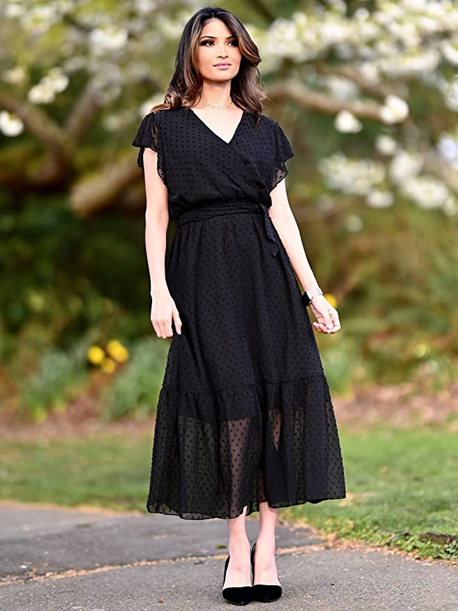 Swiss Dot Dark Green Women Summer Bohemian Floral Casual Wrap V Neck Ruffle Cap Sleeveless Belt A-Line Pleated Hem Swing Midi Sun Dress - BTFBM | Women's Casual Dresses