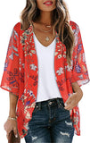 Boho Red Women's Floral Print Puff Sleeve Kimono Cardigan Loose Cover Up Casual Blouse Tops - Chicgal | Women's Cardigan