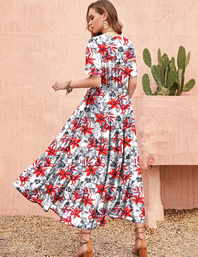 White Red Lace Knotted on the Left Women Casual Loose Bohemian Floral Dress with Pockets Short Sleeve Long Maxi Summer Beach Swing Dress - Yesno | Women's Casual Dresses