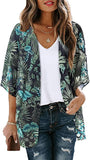 Light Blue Tropical Women's Floral Print Puff Sleeve Kimono Cardigan Loose Cover Up Casual Blouse Tops - Chicgal | Women's Cardigan