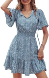 Blue Women's Summer Boho Short Dresses Floral Print Tie Neck Short Sleeve Elastic High Waist Ruffle Mini Skater Dress - Prettygarden | Women's Casual Dresses