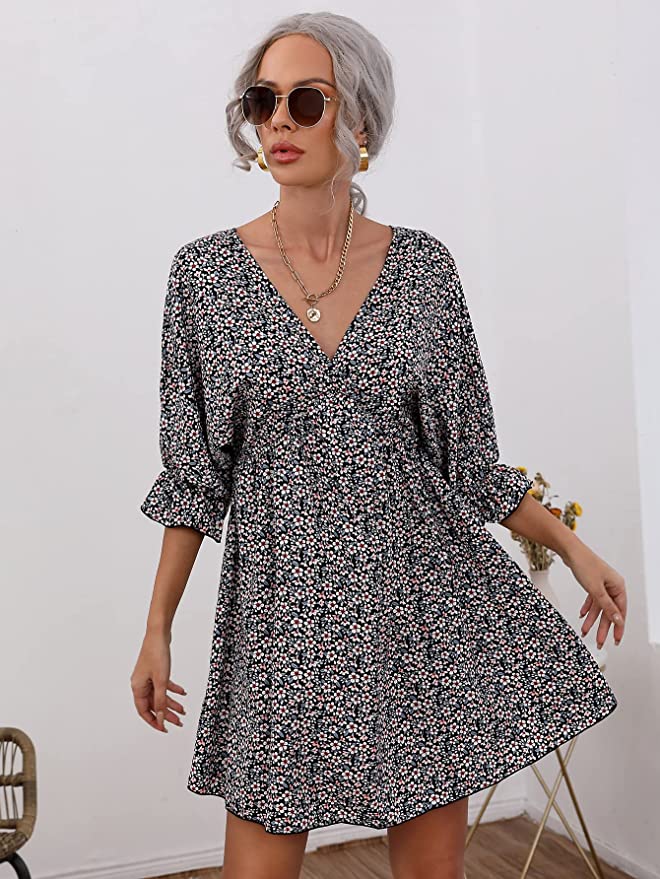 Grey Women's Boho Tribal Print Short Sleeve V Neck Tie Back Summer Shift Dress - Romwe | Women's Casual Dresses