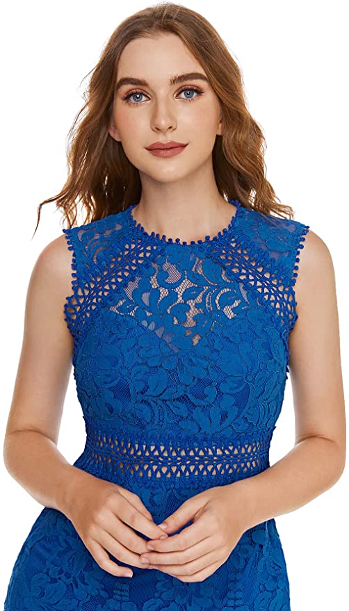Blue Women's Sleeveless Scalloped Hem Fitted Floral Lace Bodycon Dress - Verdusa | Women's Cocktail Dresses