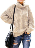 Light Beige Women's Turtleneck Balloon Long Sleeve Casual Loose Chunky Cable Knit Pullover Sweater Outerwear - FARYSAYS | Women's Sweaters