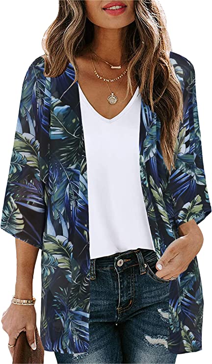 Dark Green Tropical Women's Floral Print Puff Sleeve Kimono Cardigan Loose Cover Up Casual Blouse Tops - Chicgal | Women's Cardigan