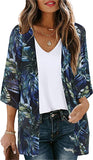 Dark Green Tropical Women's Floral Print Puff Sleeve Kimono Cardigan Loose Cover Up Casual Blouse Tops - Chicgal | Women's Cardigan