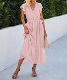Pink Women Summer Bohemian Floral Casual Wrap V Neck Ruffle Cap Sleeveless Belt A-Line Pleated Hem Swing Midi Sun Dress - BTFBM | Women's Casual Dresses