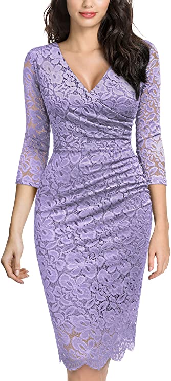 Light Purple Women's Retro Deep-V Neck Ruffles Floral Lace Evening Pencil Dress - Miusol | Women's Cocktail Dresses