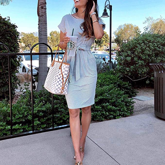 Stripes Orange Summer Dresses Round Neck Short Sleeve T Shirt Midi Casual Dress Tie Waist with Pockets - Jaksenr | Women's Casual Dresses