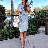 Stripes Orange Summer Dresses Round Neck Short Sleeve T Shirt Midi Casual Dress Tie Waist with Pockets - Jaksenr | Women's Casual Dresses