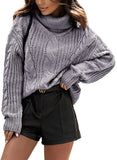 Grey Women's Turtleneck Balloon Long Sleeve Casual Loose Chunky Cable Knit Pullover Sweater Outerwear - FARYSAYS | Women's Sweaters