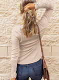 Lace Beige Women Long Sleeve V Neck Button Up Solid Tops Blouses Trendy Slim Fit Lace Sleeves Ribbed Knit Casual Shirts Tunic - BTFBM | Women's Tops and Blouses