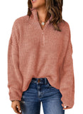 Pink Sweaters for Women Waffle Kint Long Sleeve Zip Pullover Polo V Neck Sweater for Women - EVALESS | Women's Sweaters
