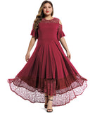 Red Womens Plus Size Lace Cold Shoulder Long Swing Evening Party Maxi Dress - LALAGEN | Women's Formal Dresses