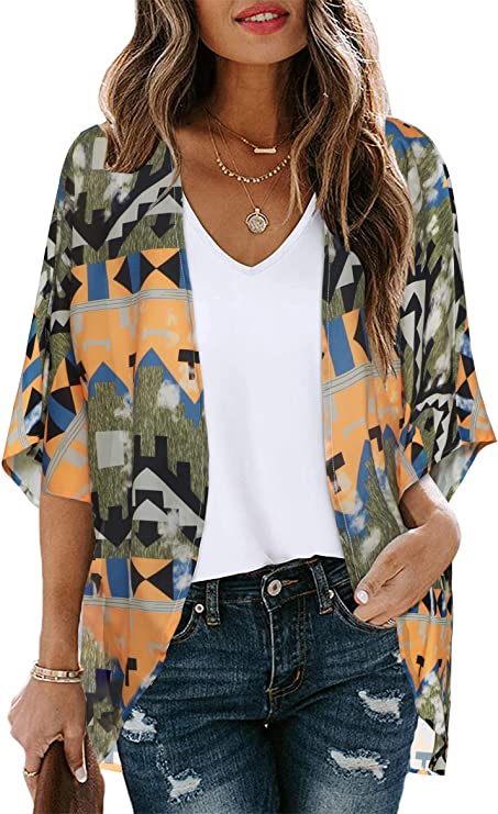Boho Army Green Women's Floral Print Puff Sleeve Kimono Cardigan Loose Cover Up Casual Blouse Tops - Chicgal | Women's Cardigan