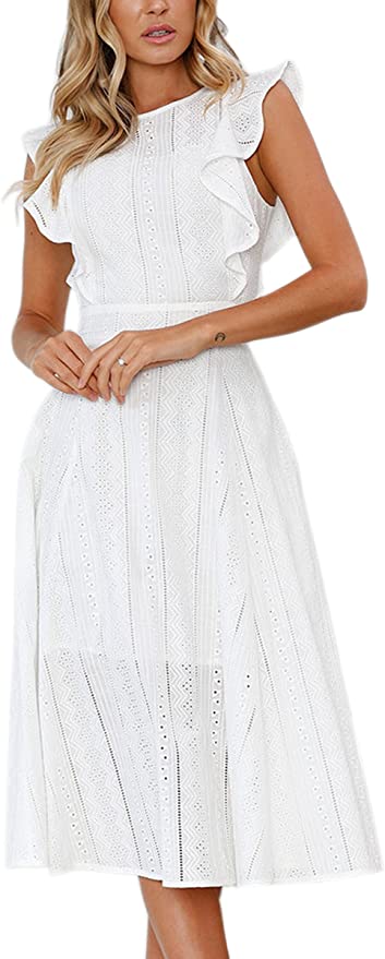 White Womens Dresses Elegant Ruffles Cap Sleeves Summer A-Line Midi Dress - ECOWISH | Women's Cocktail Dresses