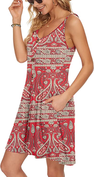 Navy Blu Summer Dress Spaghetti Strap Dresses Beach Cover Ups Casual V Neck Mini Sundress with Pockets - WNEEDU | Women's Casual Dresses