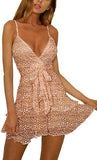 Coffee Womens V-Neck Spaghetti Strap Bowknot Backless Sleeveless Lace Mini Swing Skater Dress - Ecowish | Women's Casual Dresses