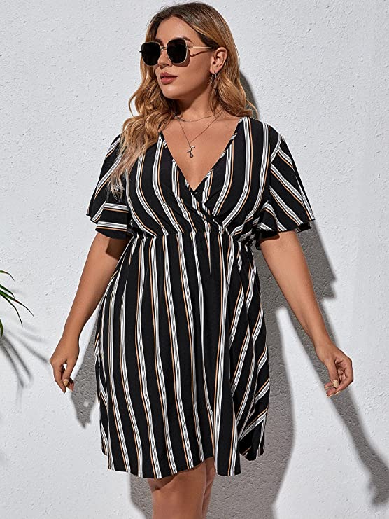 Dark Black Women's Plus Size Striped Print Wrap V Neck Short Sleeve A Line Dress - Floerns | Women's Formal Dresses