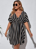 Dark Black Women's Plus Size Striped Print Wrap V Neck Short Sleeve A Line Dress - Floerns | Women's Formal Dresses